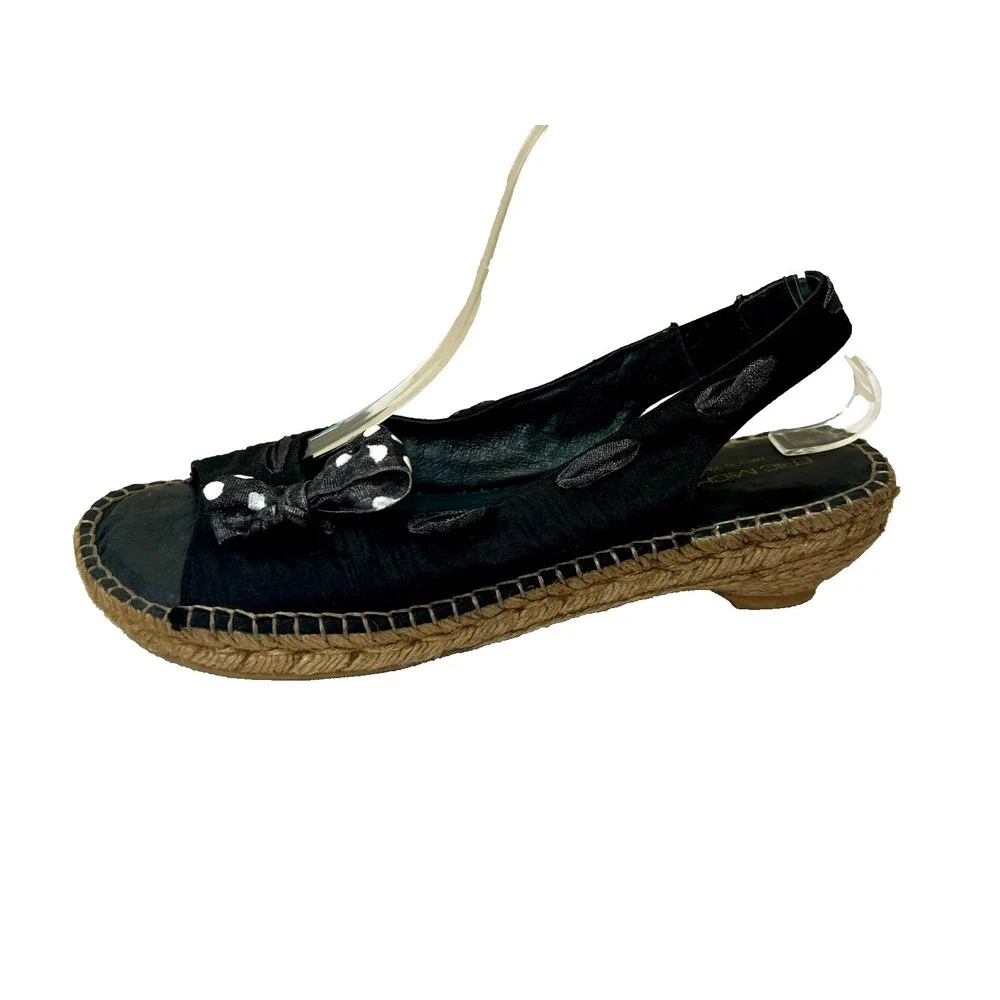 Eric Michael Paseart Espadrille Wedge Sandal Black Satiny Sling Back‎ SZ 10.5